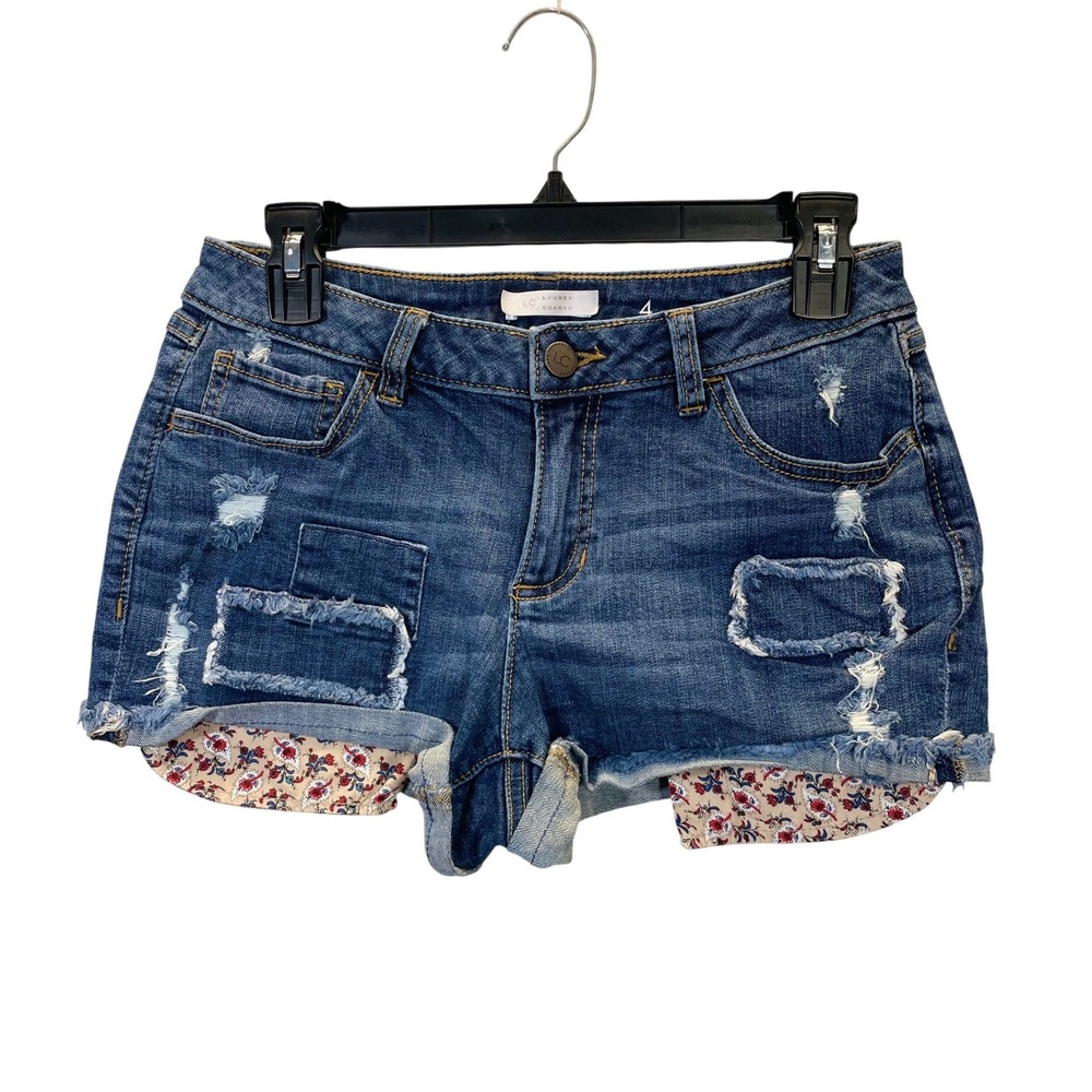 LC Lauren Conrad‎ Women Size 4 Distressed Denim Shorts Floral Print Cuffed